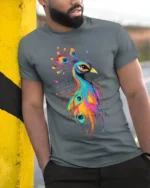 Vibrant Bird Tee Watercolor Rainbow Peacock Graphic T-Shirt for Peacock Fans - model in grey shirt leaning against column