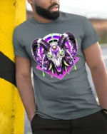 Cyber Ram Skull T-Shirt Neon Goat Head Graphic Tee for Alternative Fashion - model in grey shirt leaning against column