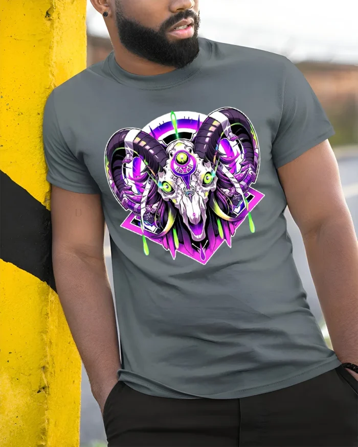 Cyber Ram Skull T-Shirt Neon Goat Head Graphic Tee for Alternative Fashion - model in grey shirt leaning against column