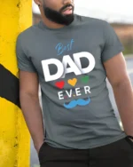 Best Dad Ever Hearts Tee Loving Father’s Day T-Shirt Gift for Awesome Dads - model in grey shirt leaning against column