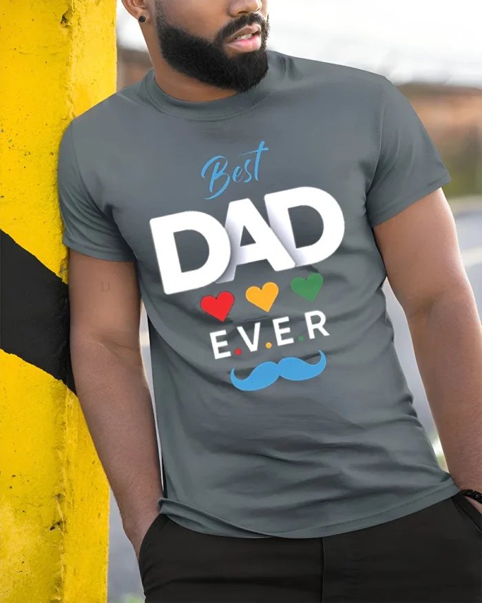 Best Dad Ever Hearts Tee Loving Father’s Day T-Shirt Gift for Awesome Dads - model in grey shirt leaning against column