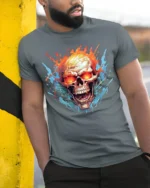 Inferno Skull T-Shirt Flaming Ghost Rider Graphic Tee for Metalheads - model in grey shirt leaning against column