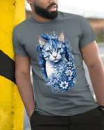 Azure Floral Cat Tee Elegant Blue Kitten with Flowers T-Shirt for Cat People - model in grey shirt leaning against column