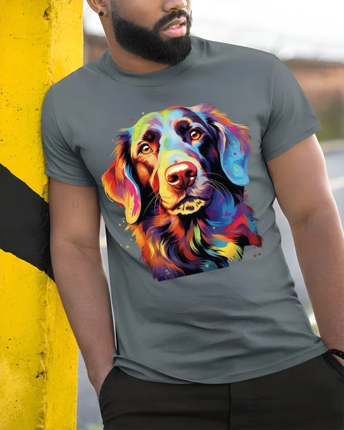 Vibrant Canine Tee Abstract Rainbow Dog Portrait T-Shirt for Pet Fans - model in grey shirt leaning against column