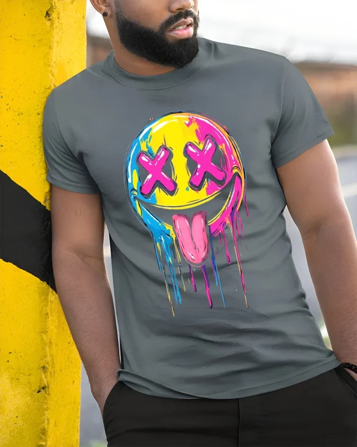 Melting Smiley Face Tee Colorful Dripping Emoji T-Shirt for Fun Style - model in grey shirt leaning against column