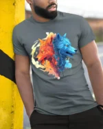 Fire and Ice Wolves T-Shirt Dual Wolf Spirit Graphic Tee for Bold Style - model in grey shirt leaning against column