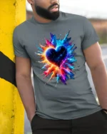 Exploding Heart Tee Vibrant Colorful Love T-Shirt for Passionate Souls - model in grey shirt leaning against column