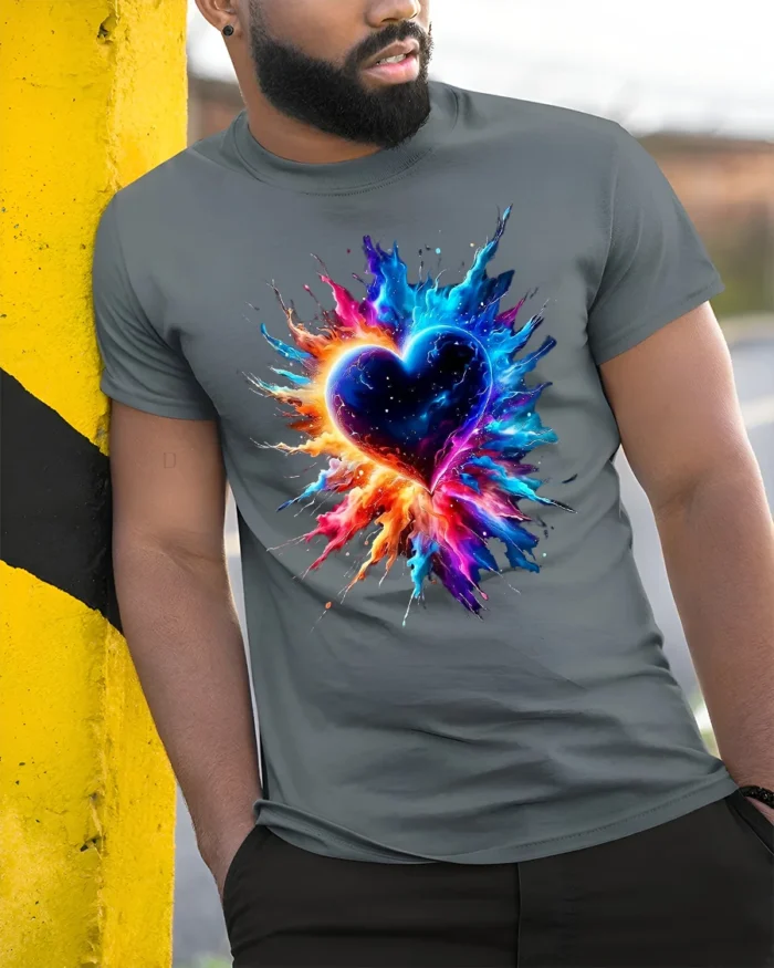 Exploding Heart Tee Vibrant Colorful Love T-Shirt for Passionate Souls - model in grey shirt leaning against column
