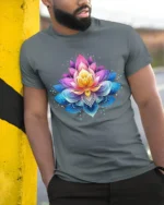 Gradient Lotus Tee Vibrant Ombre Flower T-Shirt for Yoga Zen Meditation - model in grey shirt leaning against column