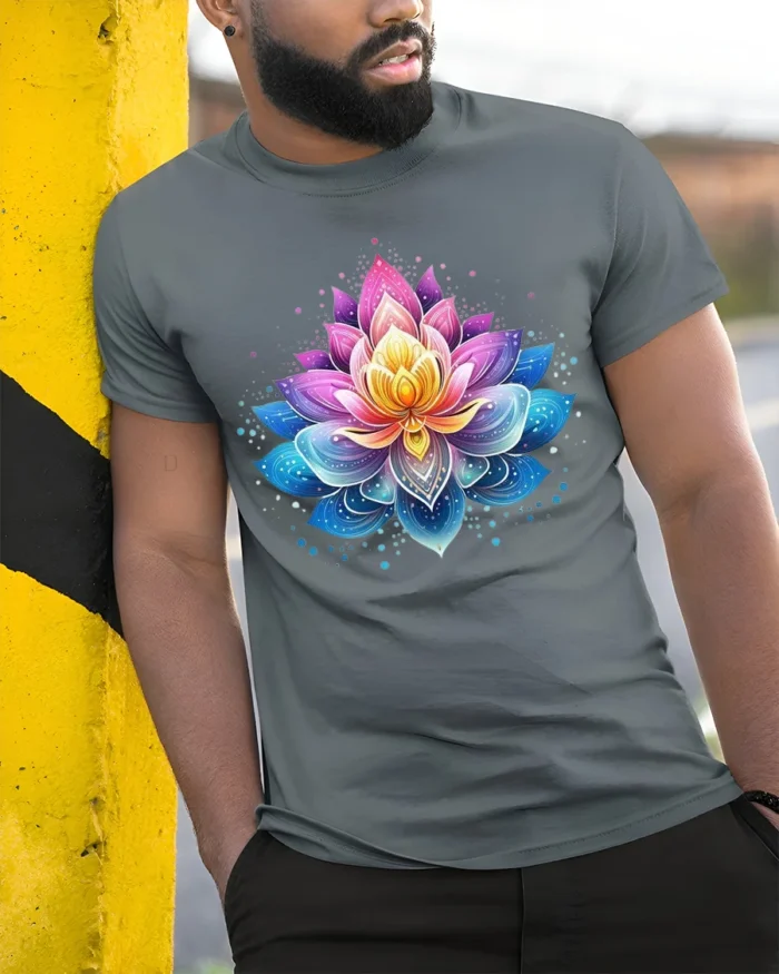 Gradient Lotus Tee Vibrant Ombre Flower T-Shirt for Yoga Zen Meditation - model in grey shirt leaning against column