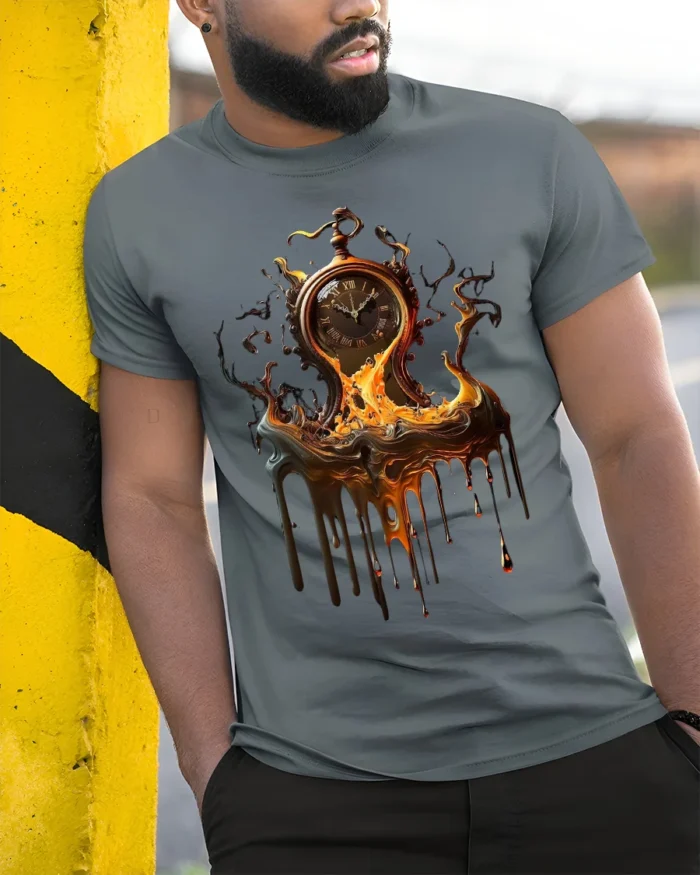 Melting Time T-Shirt Surreal Pocket Watch Graphic Tee for Art Lovers - model in grey shirt leaning against column