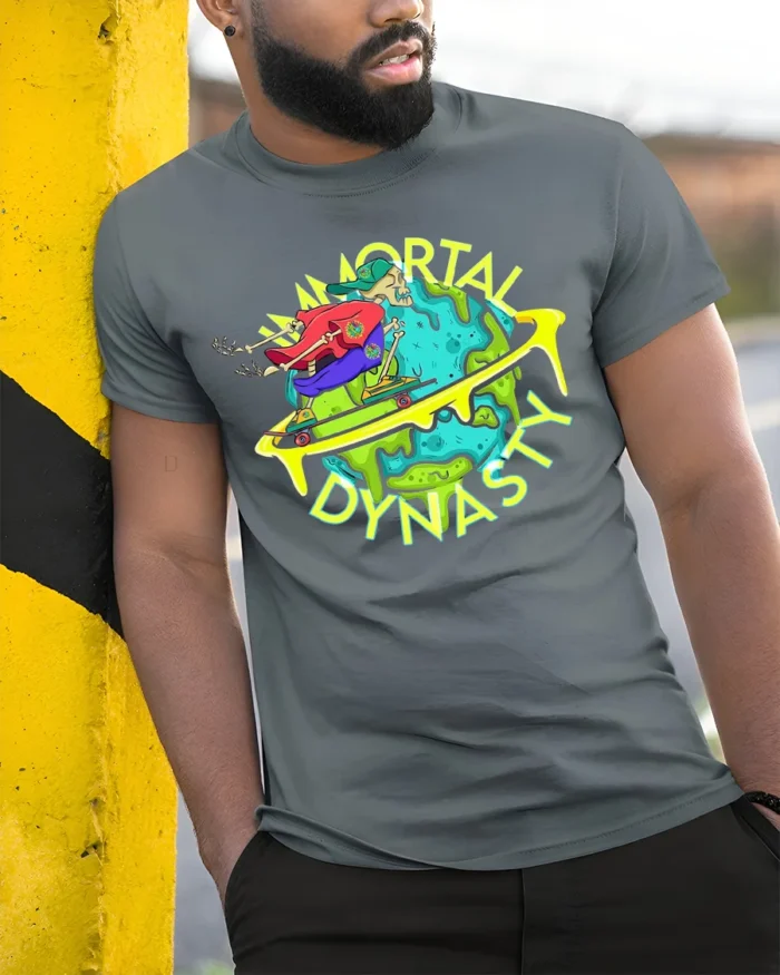 Skateboarding Skull Tee Immortal Dynasty Funny Apocalypse T-Shirt for All - model in grey shirt leaning against column