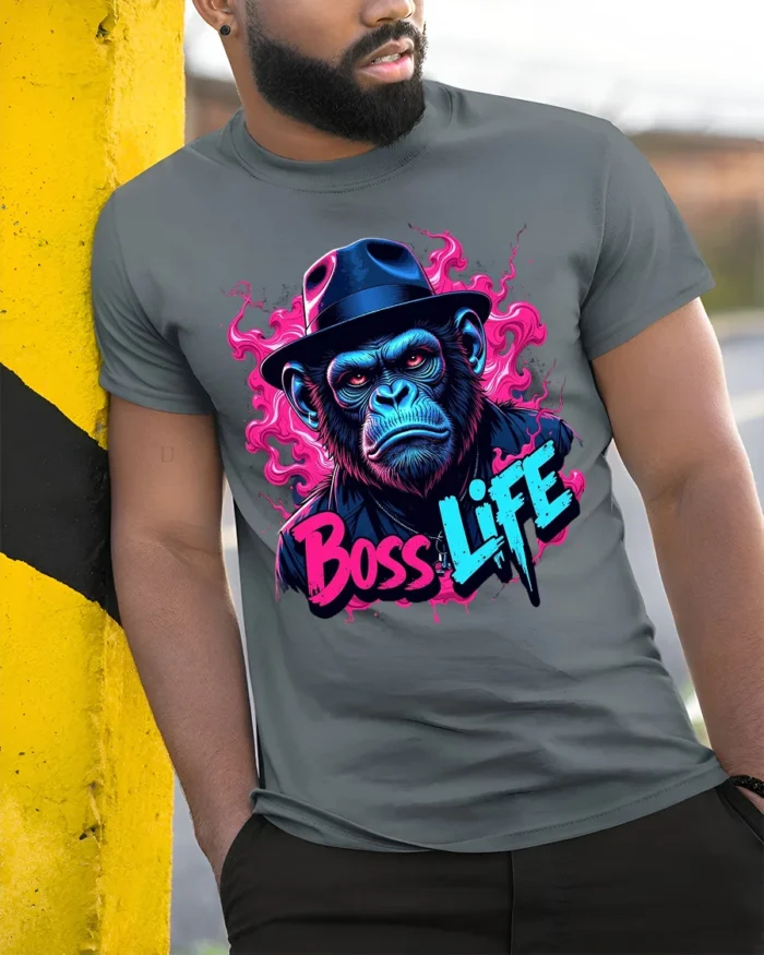 Monkey Boss Life T-Shirt Humorous Ape Tee for Success Minded Individuals - model in grey shirt leaning against column