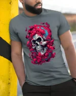 Dripping Skull Tee Abstract Colorful Skull T-Shirt for Edgy Style - model in grey shirt leaning against column