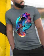 Cosmic Elephant T-Shirt Vibrant Animal Graphic Tee with Dreamy Galaxy Clouds - model in grey shirt leaning against column