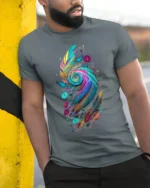 Colorful Feather Spiral Artistic Floral Print Tee for Boho Style Lovers T-Shirt - model in grey shirt leaning against column