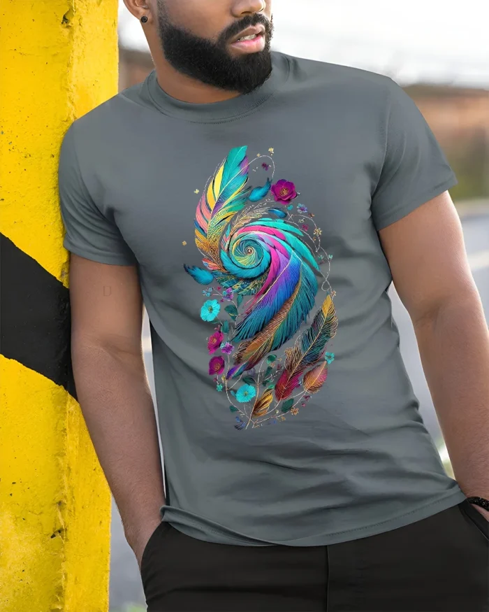 Colorful Feather Spiral  Artistic Floral Print Tee for Boho Style Lovers T-Shirt - model in grey shirt leaning against column