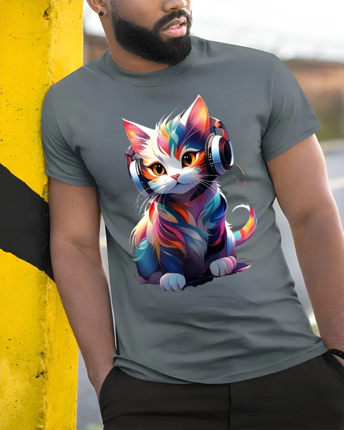 T-Shirt Music Cat Graphic Bright Artistic DJ Kitty Tee for Trendy Pet Fans - model in grey shirt leaning against column