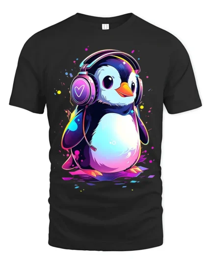 Cute Penguin DJ T-Shirt for Music Lovers Soft Cotton Tee with Vibrant Print - black t-shirt on white background