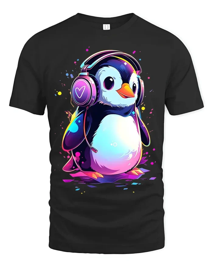 Cute Penguin DJ T-Shirt for Music Lovers Soft Cotton Tee with Vibrant Print - black t-shirt on white background