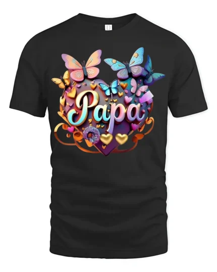 Papa Heart Butterfly T-Shirt Colorful Gift Tee for Dad’s Birthday or Father’s Day - black t-shirt on white background