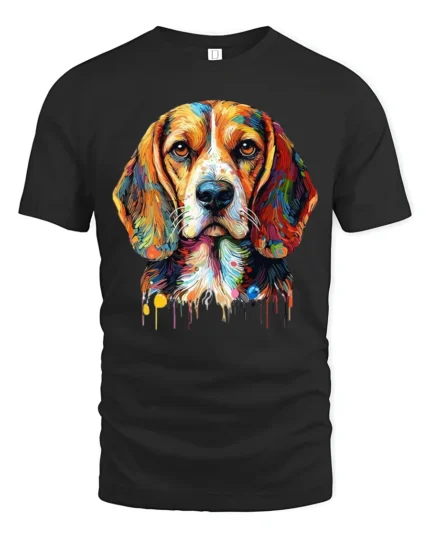 Rainbow Beagle Art T-Shirt Cute Colorful Dog Graphic Tee for Animal Fans - black t-shirt on white background