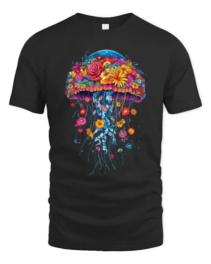 Floral Jellyfish T-Shirt Vibrant Ocean Nature Tee for Flower and Sea Lovers - black t-shirt on white background