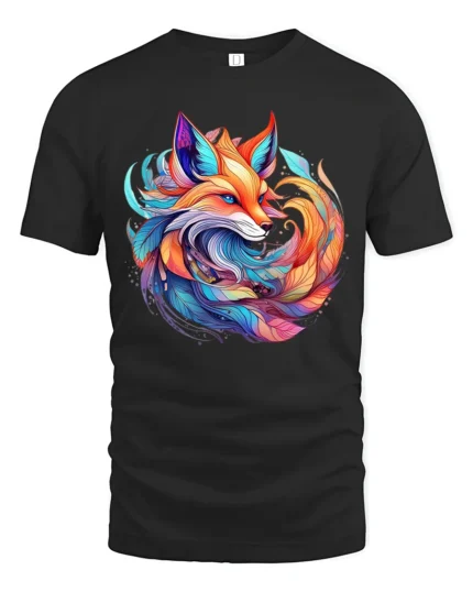Colorful Fox T-Shirt Artistic Spirit Animal Tee with Vivid Fantasy Design - black t-shirt on white background