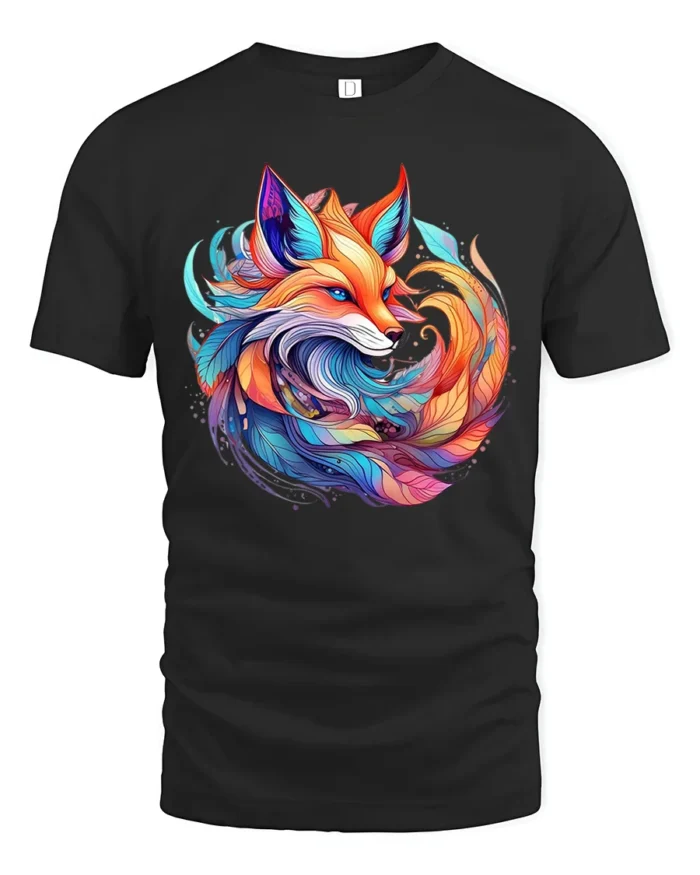 Colorful Fox T-Shirt Artistic Spirit Animal Tee with Vivid Fantasy Design - black t-shirt on white background