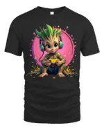 Gaming Tree Sprout T-Shirt - Funny Nerdy Tee with Headphones and Controller - black t-shirt on white background