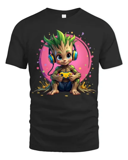 Gaming Tree Sprout T-Shirt - Funny Nerdy Tee with Headphones and Controller - black t-shirt on white background