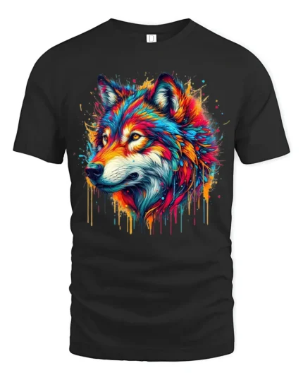 Colorful Wolf Head T-Shirt Vibrant Artistic Animal Print Tee for Nature Lovers - black t-shirt on white background
