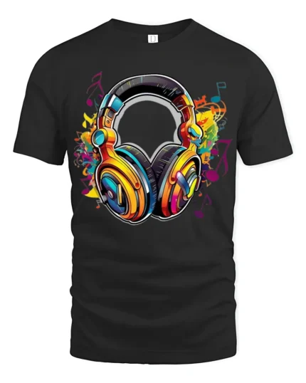 Retro Headphones T-Shirt Funky Music Lover Tee with Bright Audio Design - black t-shirt on white background