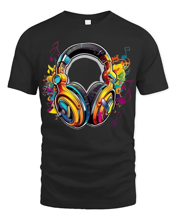 Retro Headphones T-Shirt Funky Music Lover Tee with Bright Audio Design - black t-shirt on white background
