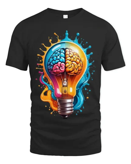 Creative Brain Lightbulb T-Shirt Artistic Mind Power Graphic Tee in Soft Cotton - black t-shirt on white background