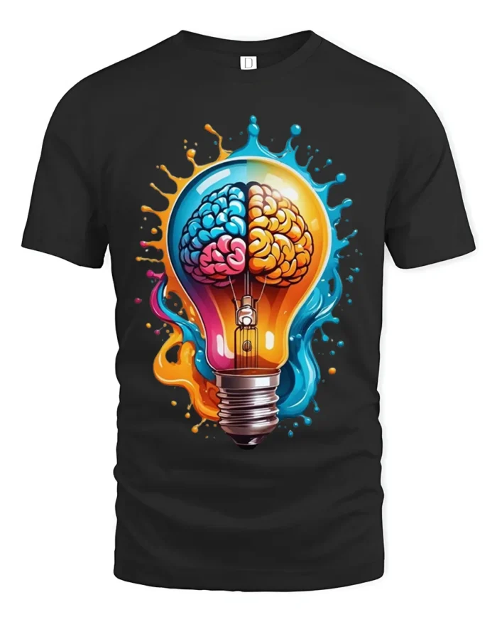 Creative Brain Lightbulb T-Shirt Artistic Mind Power Graphic Tee in Soft Cotton - black t-shirt on white background