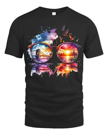 Cool City View Through Sunglasses Artistic Vacation Style Graphic Tee - black t-shirt on white background