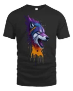 Howling Wolf T-Shirt with Dripping Paint Design Soft Cotton Tee for Wild Souls - black t-shirt on white background