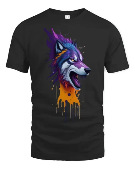Howling Wolf T-Shirt with Dripping Paint Design Soft Cotton Tee for Wild Souls - black t-shirt on white background