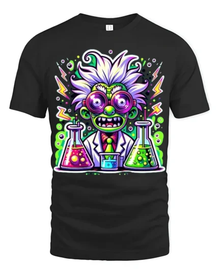 Crazy Scientist T-Shirt for Science Fans Neon Lab Graphic Tee with Funny Style - black t-shirt on white background