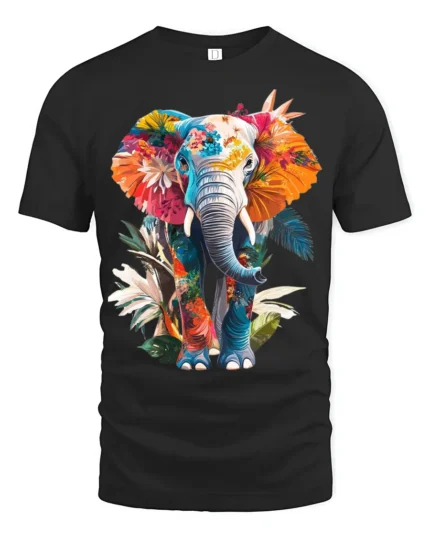 Colorful Elephant T-Shirt with Floral Design Soft Artistic Jungle Tee for Nature Fans - black t-shirt on white background