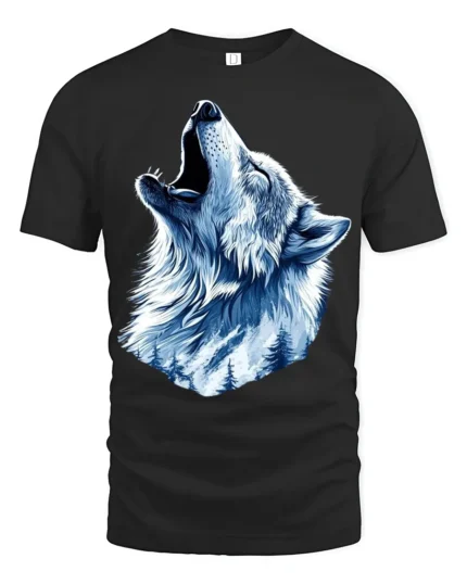 Winter Wolf Graphic T-Shirt Mountain Howl Animal Tee for Outdoor and Wildlife Fans - black t-shirt on white background