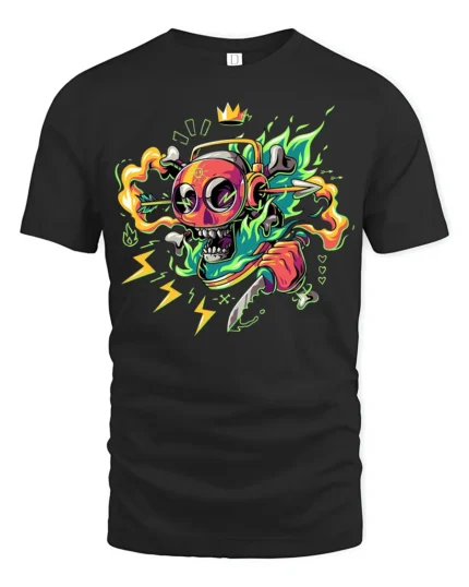 Neon Skull T-Shirt with Knife and Headphones Graphic Street Tee for Edgy Looks - black t-shirt on white background