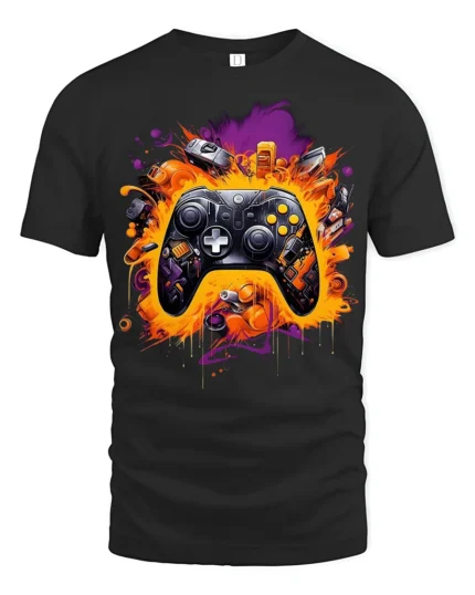 Gamer Controller Explosion T-Shirt Cool Graphic Tee for Video Game Lovers USA - black t-shirt on white background