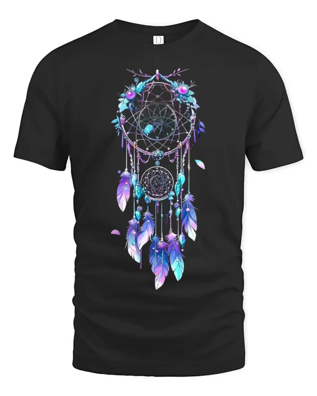 Spiritual Dreamcatcher Graphic T-Shirt Soft Bohemian Tee with Feathers Design - black t-shirt on white background