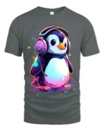 Cute Penguin DJ T-Shirt for Music Lovers Soft Cotton Tee with Vibrant Print - gray t-shirt on white background