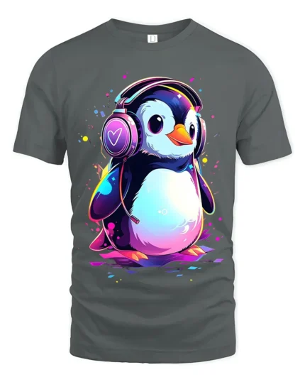 Cute Penguin DJ T-Shirt for Music Lovers Soft Cotton Tee with Vibrant Print - gray t-shirt on white background