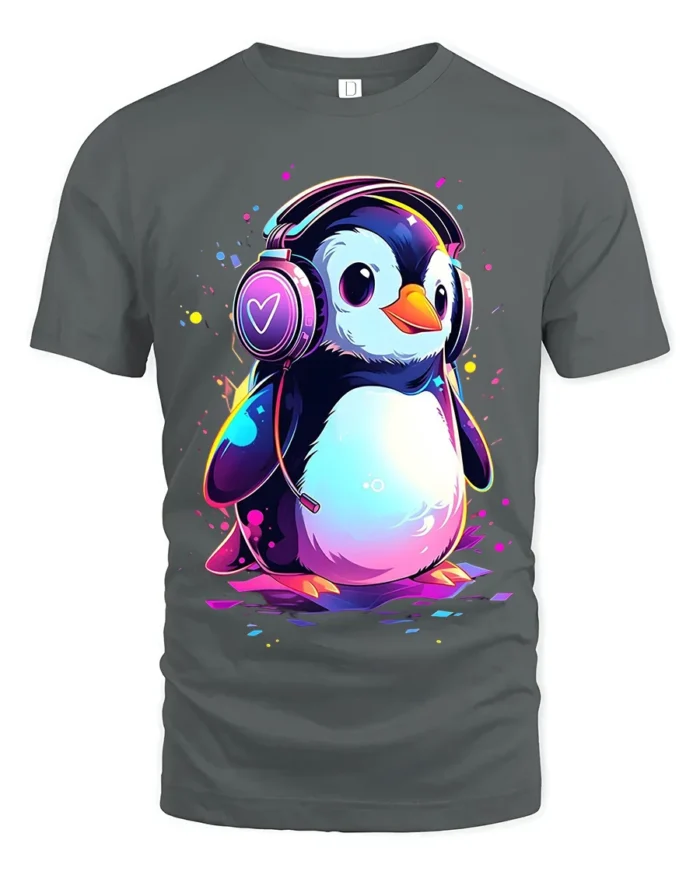 Cute Penguin DJ T-Shirt for Music Lovers Soft Cotton Tee with Vibrant Print - gray t-shirt on white background