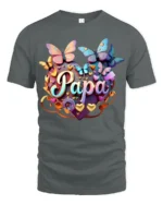 Papa Heart Butterfly T-Shirt Colorful Gift Tee for Dad’s Birthday or Father’s Day - gray t-shirt on white background