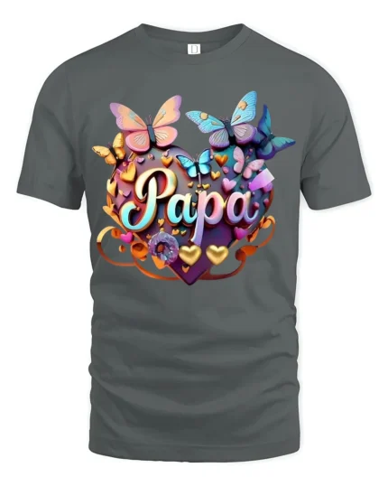 Papa Heart Butterfly T-Shirt Colorful Gift Tee for Dad’s Birthday or Father’s Day - gray t-shirt on white background